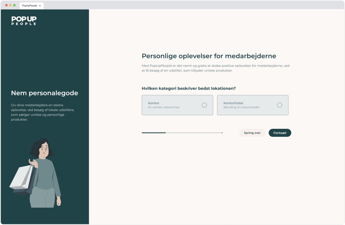 Location onboarding step for venues highlighting benefits and asking which category best describes the location (Kontor or Kontorhotel).